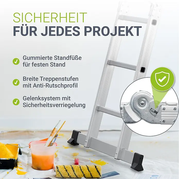 Juskys Doppelleiter Multifunktionsleiter - Anzahl Tritte: 16 Stk., Arbeitshöhe: 3,6 m, Belastbarkeit: 150 kg, Metall - Silberne Klappleiter mit gummierten Standfüßen, breiten Anti-Rutsch-Stufen und Gelenksystem mit Sicherheitsverriegelung, umgeben von Malutensilien.