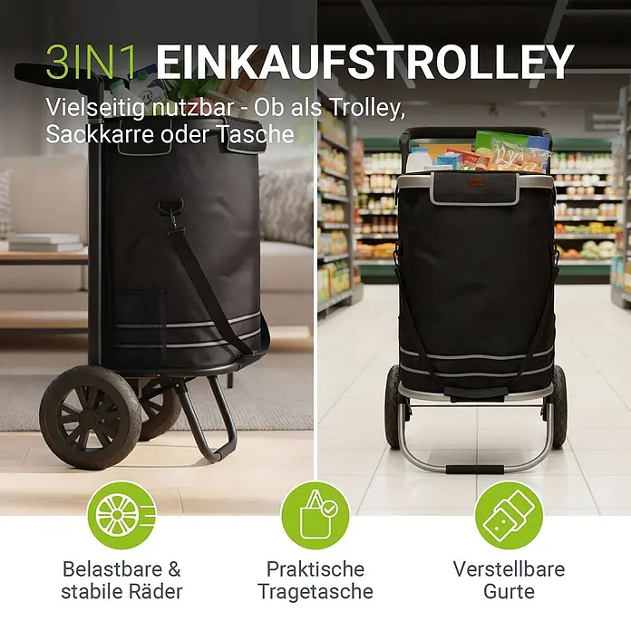 Juskys Einkaufstrolley Einkaufstrolley - L x B x H: 43 x 37 x 98 cm, Traglast: 30 kg, schwarz - Vielseitiger schwarzer 3-in-1 Einkaufstrolley mit großen Rädern, nutzbar als Trolley, Sackkarre oder Tragetasche.