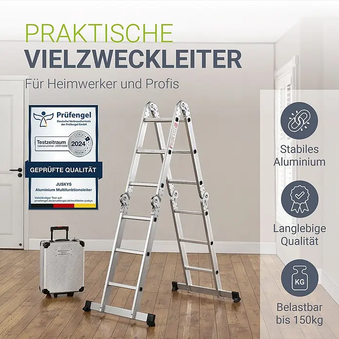 Juskys Doppelleiter Multifunktionsleiter - Anzahl Tritte: 16 Stk., Arbeitshöhe: 3,6 m, Belastbarkeit: 150 kg, Metall - Silberne Aluminium-Mehrzweckleiter, in A-Form aufgestellt. Stabil und bis 150 kg belastbar.