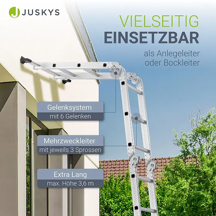 Juskys Doppelleiter Multifunktionsleiter - Anzahl Tritte: 16 Stk., Arbeitshöhe: 3,6 m, Belastbarkeit: 150 kg, Metall - Vielseitige, silberne Aluminium-Mehrzweckleiter mit 6 Gelenken, 3,6m lang, als Anlegeleiter an einem Haus.