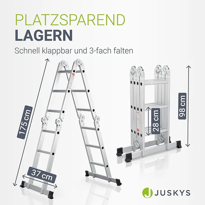 Juskys Doppelleiter Multifunktionsleiter - Anzahl Tritte: 16 Stk., Arbeitshöhe: 3,6 m, Belastbarkeit: 150 kg, Metall - Klappbare Aluminiumleiter in A-Form (175x37cm) und gefaltet (98x28cm) zur platzsparenden Lagerung.