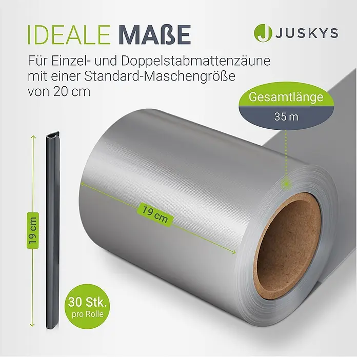 Juskys Sichtschutzelement Sichtschutzstreifen - B x H: 3.500 x 19 cm, Kunststoff, Hellgrau - Graue Sichtschutzrolle (19cm B, 35m L) mit 30 dunkelgrauen 19cm Befestigungsstreifen, passend für 20cm Gitterzäune.