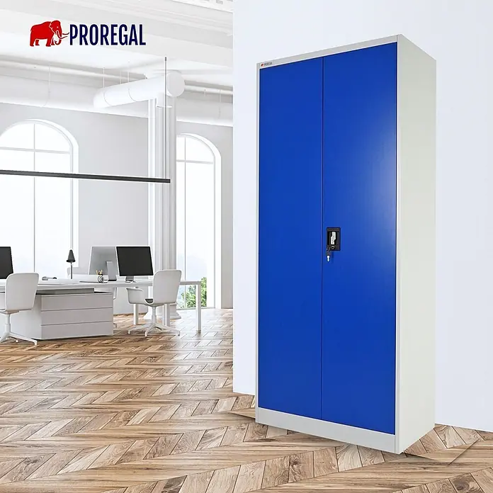 Proregal Aktenschrank ELEPHANT mit 2 Türen, abschließbar - Blau/Grau - Blauer Metallschrank in einem modernen Büro.