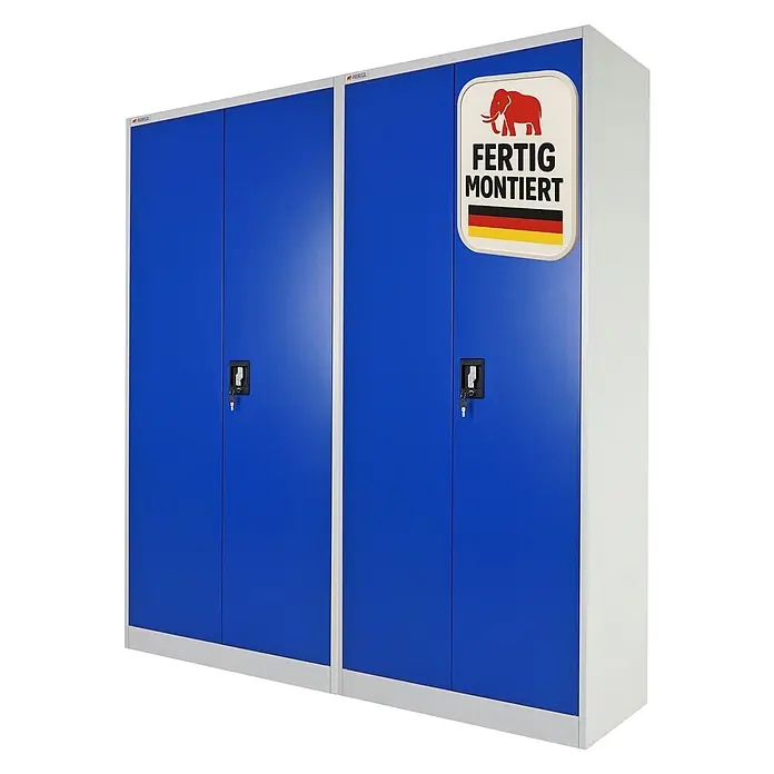 Proregal Aktenschrank Mega Deal 2x ELEPHANT komplett montiert, abschließbar - Blau/Grau - Zwei vormontierte blaue Metallschränke mit grauen Rahmen, schwarzen Schlössern und einem Etikett mit Elefanten, Schriftzug 'FERTIG MONTIERT' und deutscher Flagge.
