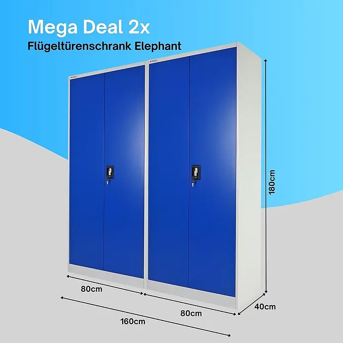 Proregal Aktenschrank Mega Deal 2x ELEPHANT komplett montiert, abschließbar - Blau/Grau - Zwei blaue Flügeltürenschränke aus Metall, jeweils 80cm breit, 180cm hoch, 40cm tief. Gesamtbreite 160cm.