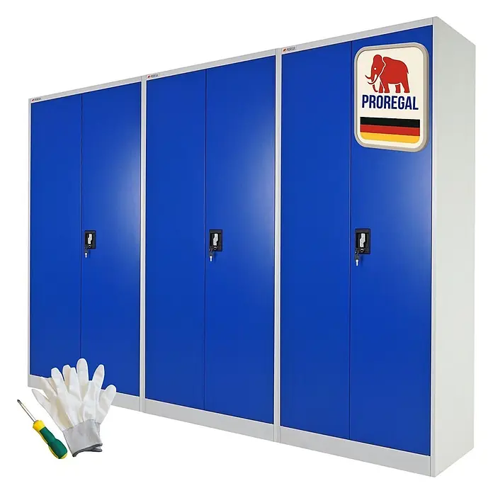 Proregal Aktenschrank Mega Deal 3x ELEPHANT mit 2 Türen, abschließbar - Blau/Grau - Blaue PROREGAL Metallschränke mit Schlössern und Schlüsseln. Montierhandschuhe und Schraubendreher enthalten.