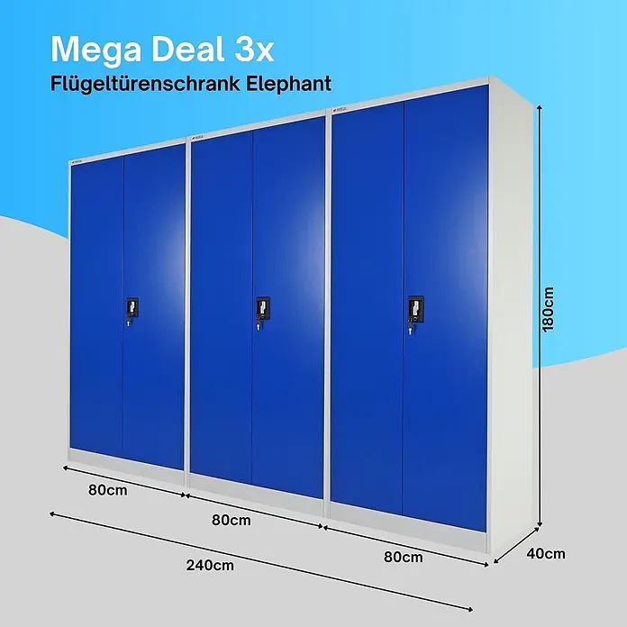Proregal Aktenschrank Mega Deal 3x ELEPHANT mit 2 Türen, abschließbar - Blau/Grau - Drei blaue Flügeltürenschränke aus Metall, je 80cm breit, 180cm hoch, 40cm tief, Gesamtbreite 240cm.
