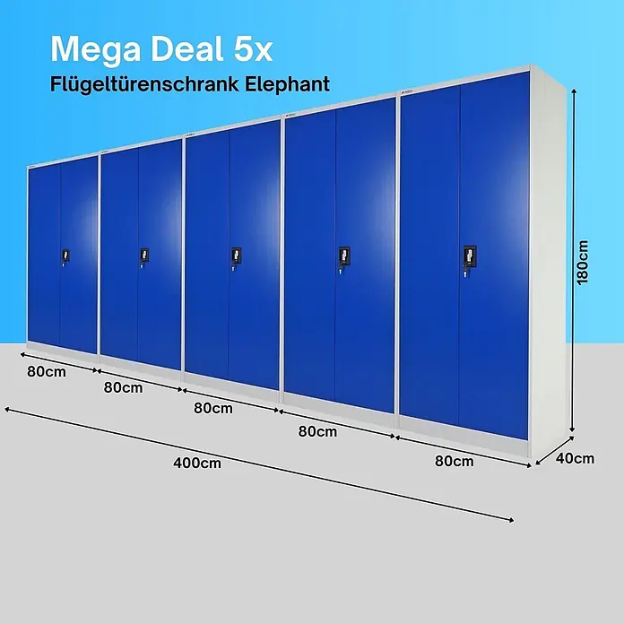 Proregal Aktenschrank Mega Deal 5x ELEPHANT mit 2 Türen, abschließbar - Blau/Grau - Fünf blaue Flügeltürenschränke aus Stahl, 180 cm hoch, 40 cm tief, 400 cm Gesamtbreite.