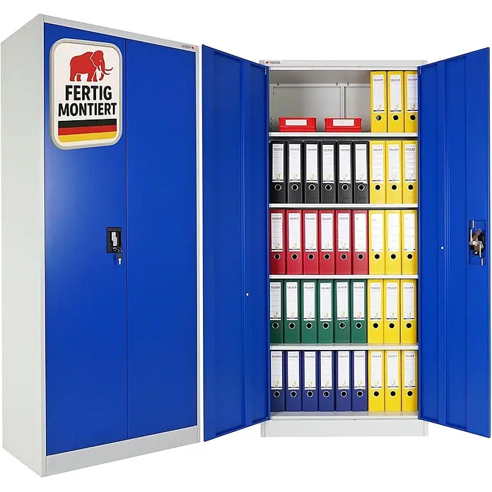 Proregal Aktenschrank ELEPHANT komplett montiert - Blau/Grau - Blauer und weißer vormontierter Stahlbüroschrank, offen mit Regalen voller bunter Aktenordner.