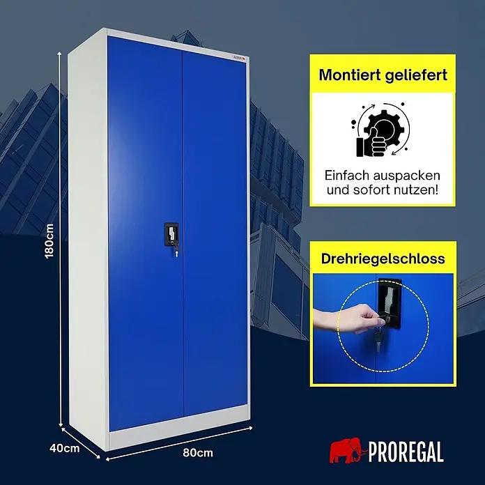 Proregal Aktenschrank ELEPHANT komplett montiert - Blau/Grau - Blau-weißer Metallschrank (180x80x40cm) mit Drehriegelschloss, zur montierten Lieferung hervorgehoben.
