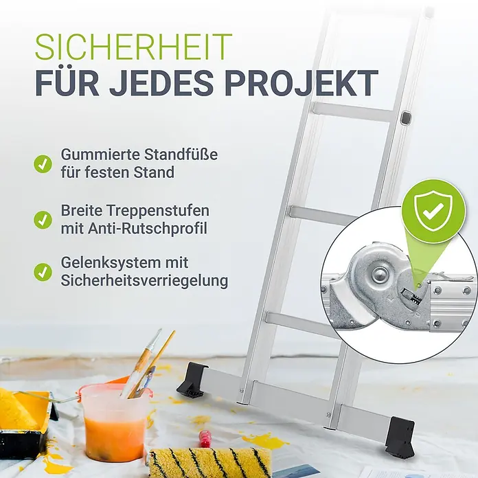 Juskys Doppelleiter Multifunktionsleiter - Anzahl Tritte: 16 Stk., Arbeitshöhe: 4,7 m, Belastbarkeit: 150 kg, Metall - Silberne Aluminiumleiter mit gummierten Füßen, breiten Anti-Rutsch-Stufen und Gelenksystem mit Sicherheitsverriegelung.