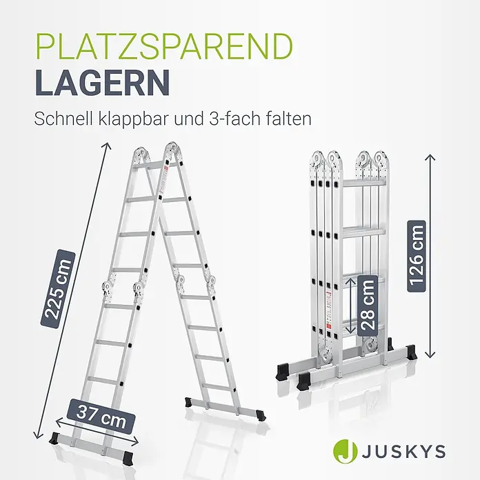 Juskys Doppelleiter Multifunktionsleiter - Anzahl Tritte: 16 Stk., Arbeitshöhe: 4,7 m, Belastbarkeit: 150 kg, Metall - Silberne Aluminium-Klappleiter, ausgeklappt und platzsparend zusammengefaltet, mit Maßen.