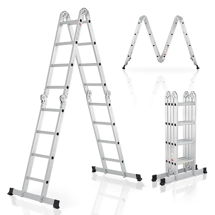 Juskys Doppelleiter Multifunktionsleiter - Anzahl Tritte: 16 Stk., Arbeitshöhe: 4,7 m, Belastbarkeit: 150 kg, Metall - Silberne Aluminium-Mehrzweckleiter in drei Konfigurationen gezeigt: A-Form, M-Form und kompakt zusammengeklappt.