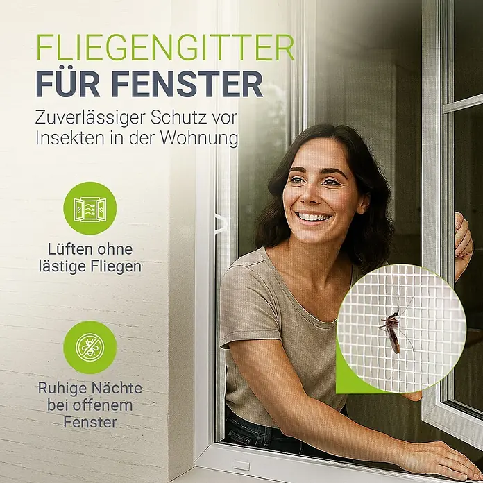 Juskys Insektenschutzfenster Fliegenschutzgitter - B x H: 100 x 120 cm, Montage Insektengitter: Klemmen - Eine lächelnde Frau öffnet ein Fenster mit einem weißen Fliegengitter, auf dessen Maschen eine Mücke zu sehen ist, was Insektenschutz und Lüftung hervorhebt.