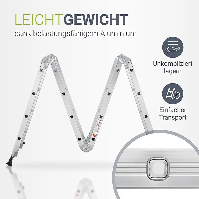 Juskys Doppelleiter Multifunktionsleiter - Anzahl Tritte: 16 Stk., Arbeitshöhe: 4,7 m, Belastbarkeit: 150 kg, Metall - Klappbare silberne Aluminium Mehrzweckleiter, leicht für einfache Lagerung und Transport.