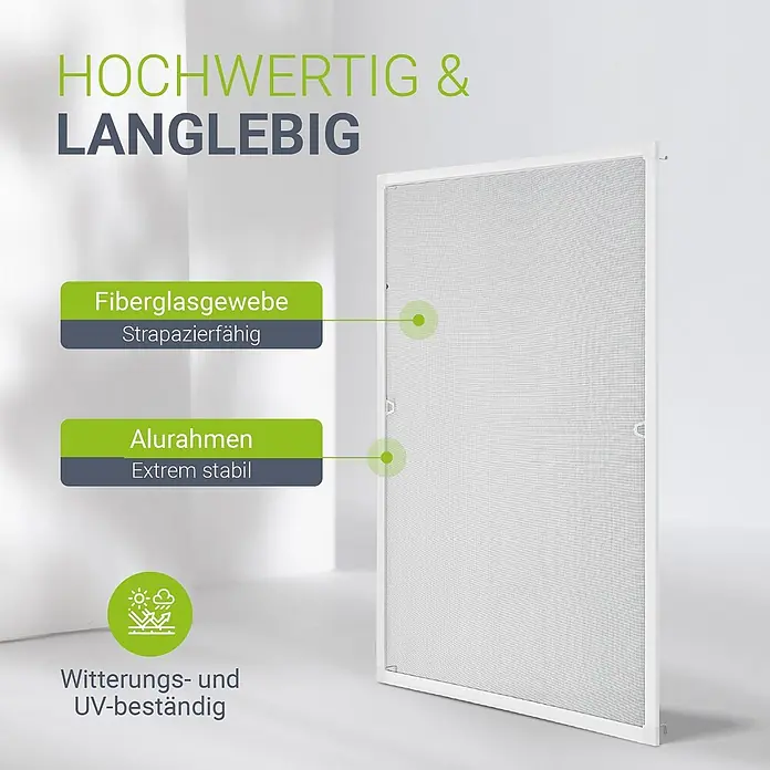 Juskys Insektenschutzfenster Fliegenschutzgitter - B x H: 100 x 120 cm, Montage Insektengitter: Klemmen - Weißer Insektenschutzrahmen aus Aluminium mit strapazierfähigem Fiberglasgewebe, wetter- und UV-beständig.