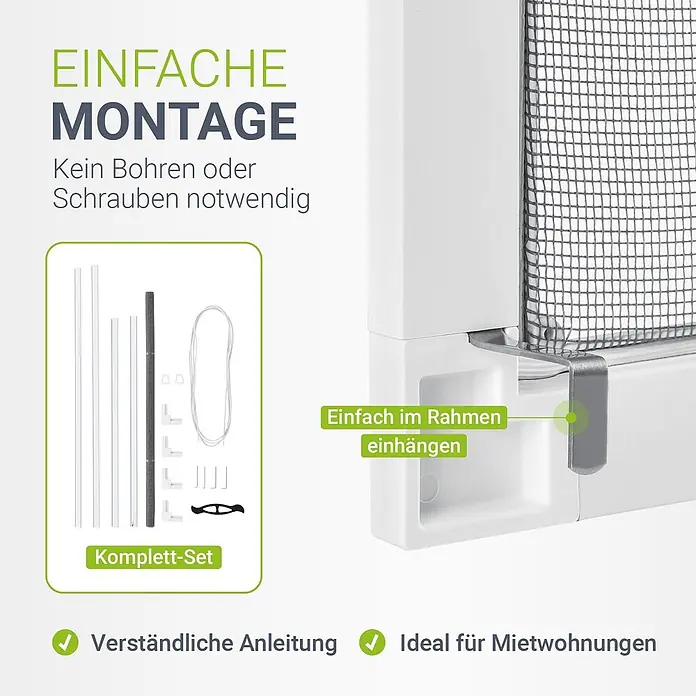 Juskys Insektenschutzfenster Fliegenschutzgitter - B x H: 100 x 120 cm, Montage Insektengitter: Klemmen - DIY-Fliegengitter-Set mit weißen Rahmenkomponenten und grauem Netz, demonstriert mit einfacher, bohrfreier Fensterinstallation.
