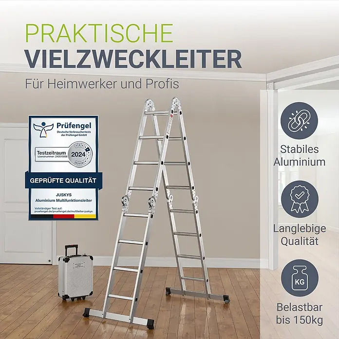 Juskys Doppelleiter Multifunktionsleiter - Anzahl Tritte: 16 Stk., Arbeitshöhe: 4,7 m, Belastbarkeit: 150 kg, Metall - Eine silberne Mehrzweck-Aluminiumleiter steht in einem Innenraum, qualitäts- und langlebigkeitszertifiziert.