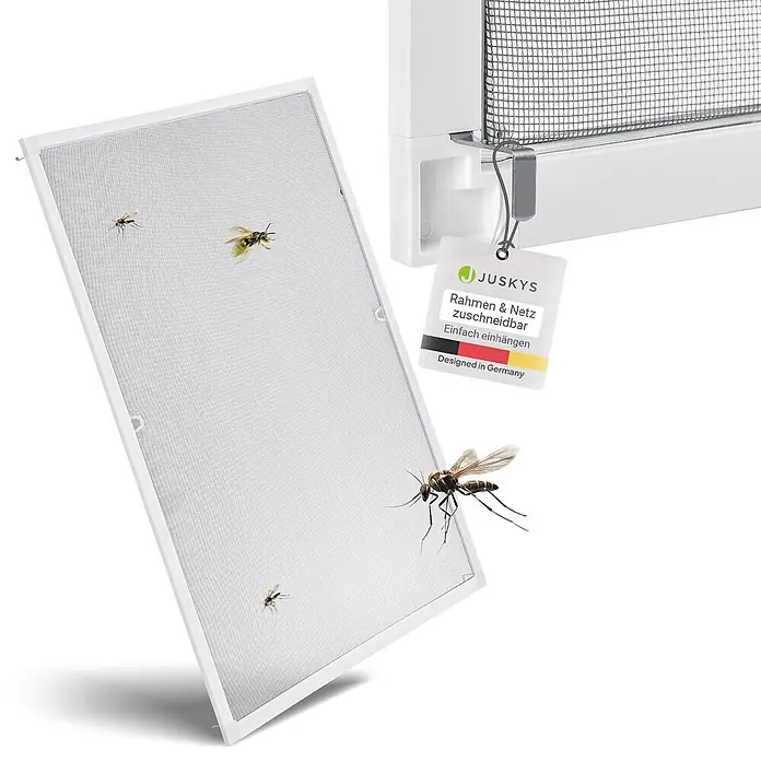 Juskys Insektenschutzfenster Fliegenschutzgitter - B x H: 100 x 120 cm, Montage Insektengitter: Klemmen - Weißer Insektenschutzrahmen mit grauem Netz, für Fenster, gezeigt wie er Insekten fernhält.