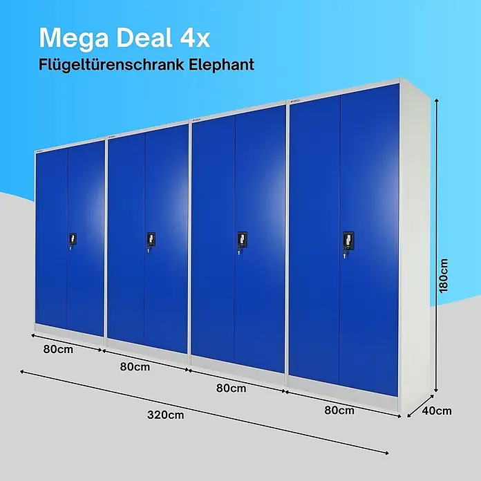 Proregal Aktenschrank Mega Deal 4x ELEPHANT komplett montiert, abschließbar - Blau/Grau - Vier blaue Flügeltürenschränke aus Metall, je 80x40x180cm groß, Gesamtbreite 320cm.
