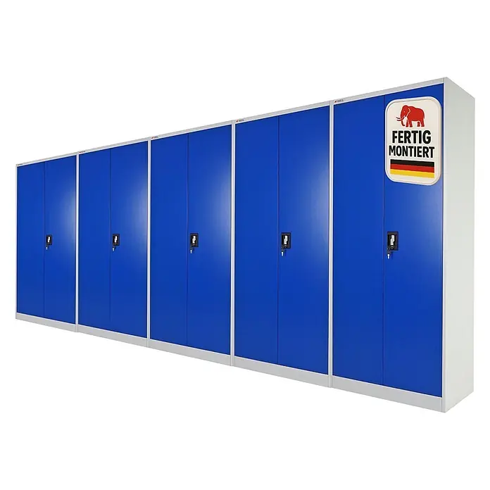 Proregal Aktenschrank Mega Deal 5x ELEPHANT komplett montiert, abschließbar - Blau/Grau - Reihe vormontierter blauer Metallschränke mit schwarzen Griffen.