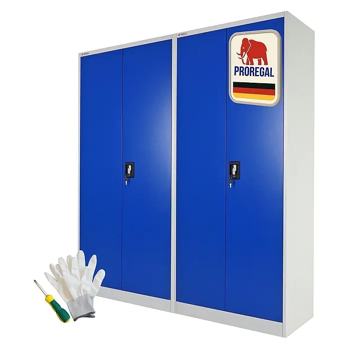 Proregal Aktenschrank Mega Deal 2x ELEPHANT mit 2 Türen, abschließbar - Blau/Grau - Zwei blaue Metallschränke mit abschließbaren Türen, ProrEGAL Logo, Montagehandschuhe und Schraubendreher.