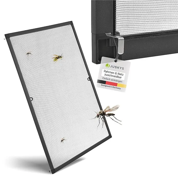 Juskys Insektenschutzfenster Fliegenschutzgitter - B x H: 120 x 140 cm, Montage Insektengitter: Klemmen - Insektenschutzgitter mit dunklem Rahmen und weißem Netz, zum Schutz vor Insekten.