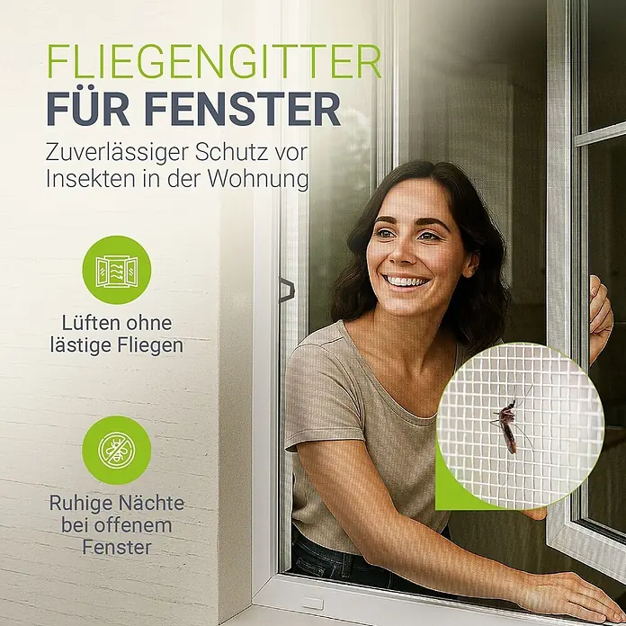 Juskys Insektenschutzfenster Fliegenschutzgitter - B x H: 120 x 140 cm, Montage Insektengitter: Klemmen - Frau schaut glücklich aus einem Fenster mit weißem Fliegengitter, das Insekten fernhält. Nahaufnahme zeigt eine Mücke am Gitter.