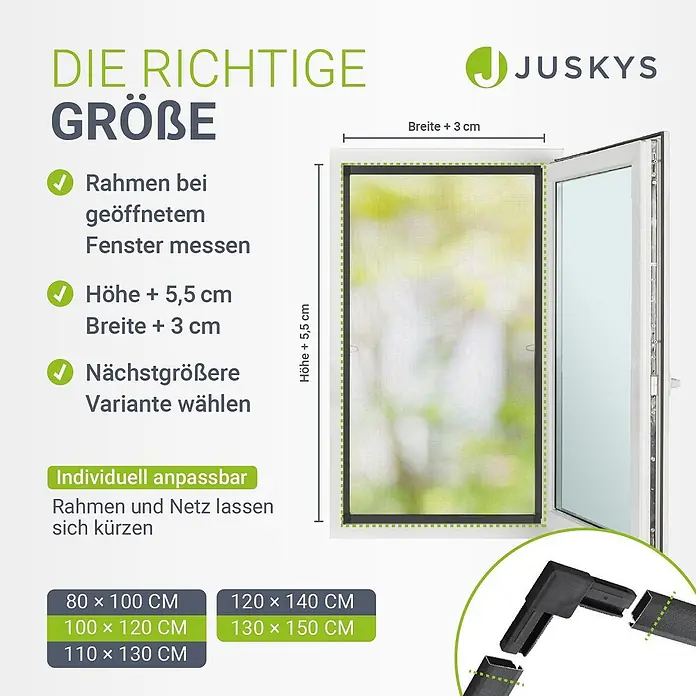 Juskys Insektenschutzfenster Fliegenschutzgitter - B x H: 120 x 140 cm, Montage Insektengitter: Klemmen - Fliegengitter mit schwarzem Rahmen in geöffnetem Fenster, zeigt Messanleitung, Größenoptionen und Anpassbarkeit.