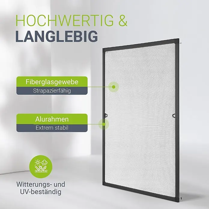Juskys Insektenschutzfenster Fliegenschutzgitter - B x H: 120 x 140 cm, Montage Insektengitter: Klemmen - Strapazierfähiges anthrazitfarbenes Fliegengitter mit Alurahmen und weißem Fiberglasgewebe, wetter- und UV-beständig.
