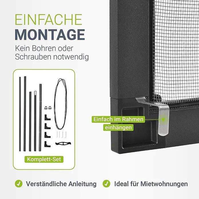 Juskys Insektenschutzfenster Fliegenschutzgitter - B x H: 120 x 140 cm, Montage Insektengitter: Klemmen - Schwarzes Insektenschutzgitter-Komplettset mit einfacher, bohrfreier Montage und Einhängehaken für den Fensterrahmen.
