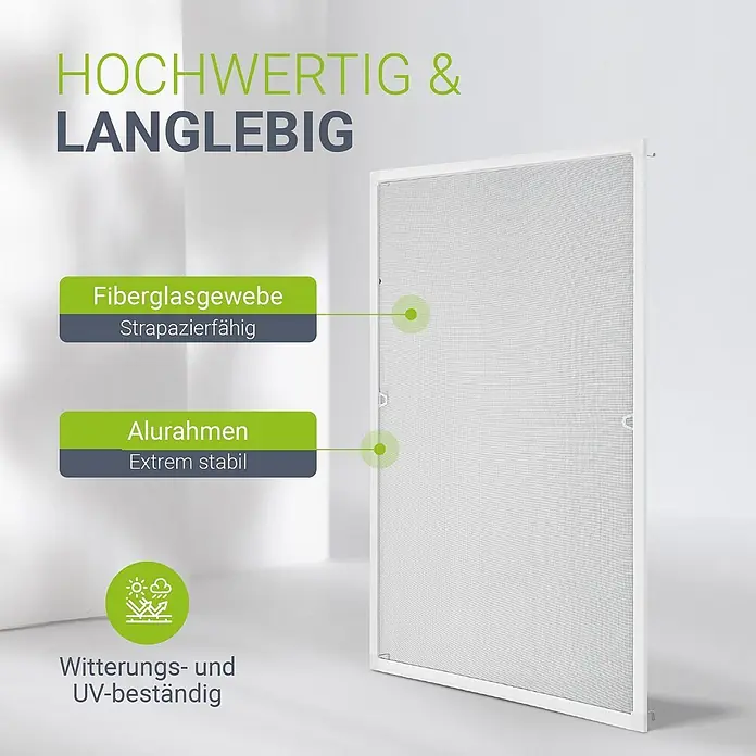 Juskys Insektenschutzfenster Fliegenschutzgitter - B x H: 110 x 130 cm, Montage Insektengitter: Klemmen - Weißer Insektenschutzrahmen mit grauer Glasfasernetzbespannung und Alurahmen. Wetter- und UV-beständig.