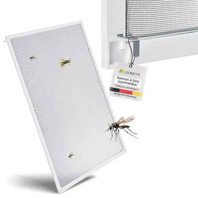 Juskys Insektenschutzfenster Fliegenschutzgitter - B x H: 110 x 130 cm, Montage Insektengitter: Klemmen - Weißer Fliegengitterrahmen mit feinem Netz, am Fenster befestigt, hält Insekten fern.