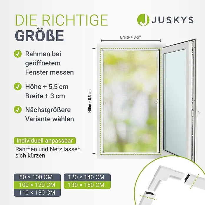 Juskys Insektenschutzfenster Fliegenschutzgitter - B x H: 110 x 130 cm, Montage Insektengitter: Klemmen - Messanleitung für ein anpassbares Fenster-Fliegengitter mit Rahmen, montiert in einem geöffneten Fenster, inkl. Größentabelle.