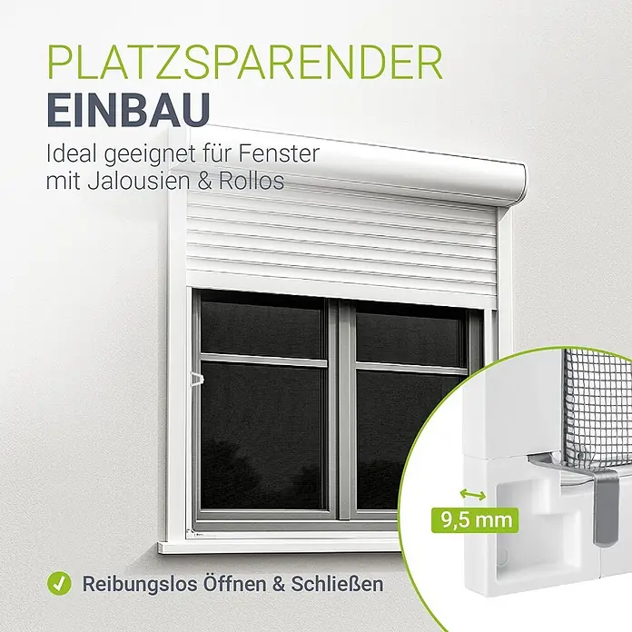 Juskys Insektenschutzfenster Fliegenschutzgitter - B x H: 110 x 130 cm, Montage Insektengitter: Klemmen - Weißes, schlankes Insektenschutzgitter am Fenster, das seinen 9,5 mm Profil für Jalousien und Rollos hervorhebt.
