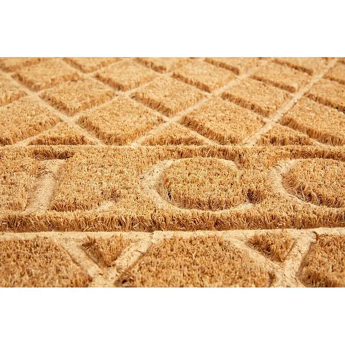 Fußmatte Coco Shape - 75 x 45 cm, Natur, Material Nutzschicht: 100 % Kokos, Welcome - Natürliche Kokosfasermatte mit 'HOME' Schriftzug und Rautenmuster. Grobe, strukturierte Oberfläche.