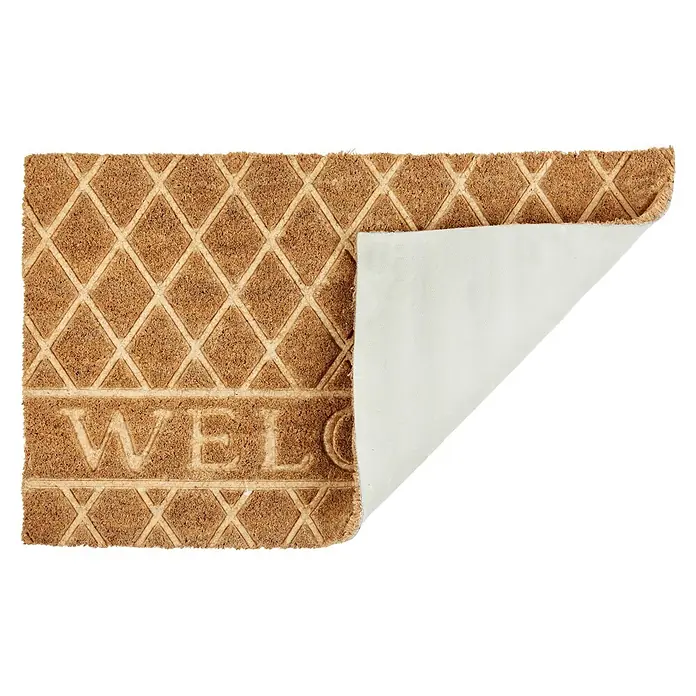 Fußmatte Coco Shape - 75 x 45 cm, Natur, Material Nutzschicht: 100 % Kokos, Welcome - Braune Kokos-Fußmatte mit Rautenmuster und 'WELCOME'-Schriftzug, zeigt weiße Antirutsch-Rückseite.