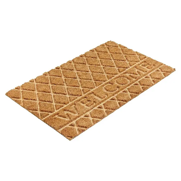 Fußmatte Coco Shape - 75 x 45 cm, Natur, Material Nutzschicht: 100 % Kokos, Welcome - Braune Kokos-Fußmatte mit Rautenmuster und 'WELCOME'-Schriftzug.