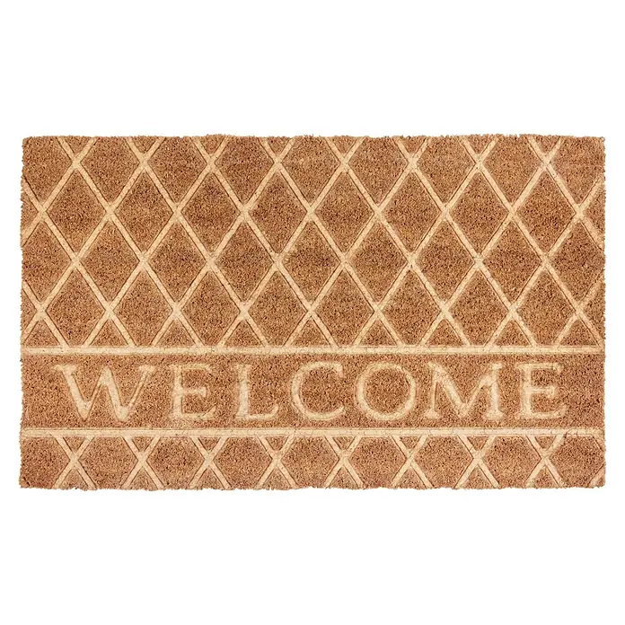 Fußmatte Coco Shape - 75 x 45 cm, Natur, Material Nutzschicht: 100 % Kokos, Welcome - Braune Fasermatte mit Rautenmuster und geprägtem „WELCOME“-Schriftzug.