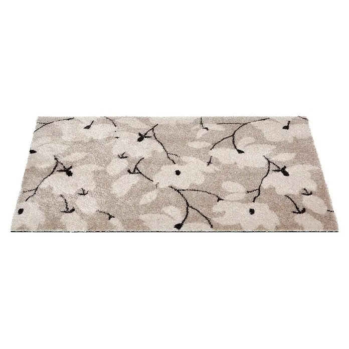 Fußmatte Malibu - 100 x 67 cm, Creme, Material Nutzschicht: 100 % Polyamid, Blumen - Rechteckiger, heller, beigefarbener, flauschiger Teppich mit abstraktem, dunkelbraunem Blumenmuster.