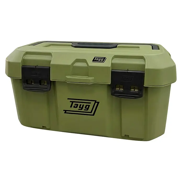 Tayg Caja para herramientas C46 - L x An x Al: 499 x 279 x 254 mm, 19 l, Polipropileno, Verde - Caja de almacenamiento de plástico verde oliva con cierres y asas negros, con el logo 'Tayg'.