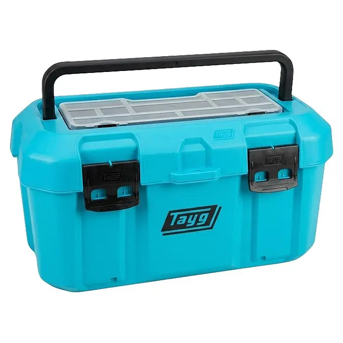 Tayg Caja para herramientas C46 - L x An x Al: 499 x 279 x 254 mm, 19 l, Polipropileno, Azul - Caja de herramientas de plástico azul claro con asa negra, cierres y organizador de tapa transparente.