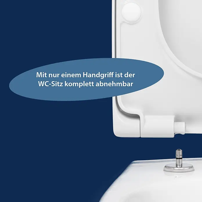 Poseidon WC-Sitz Korsika - Duroplast, Weiß, Mit Absenkautomatik - Weißer WC-Sitz mit Schnellverschluss, teilweise angehoben, mit sichtbarem Scharniermechanismus.