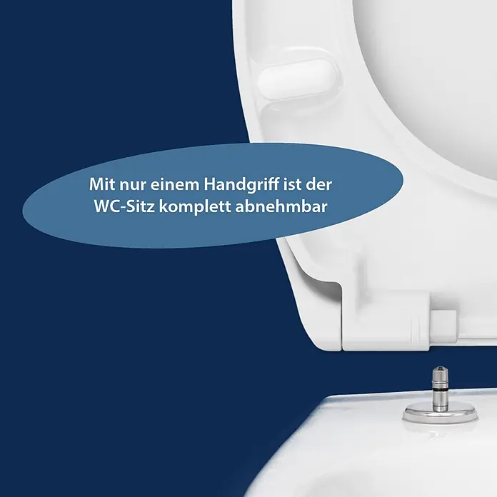 Poseidon WC-Sitz Mahe - Duroplast, Weiß, Mit Absenkautomatik - Weißer WC-Sitz, teilweise geöffnet, mit abnehmbarem Design und sichtbarem Scharnier.