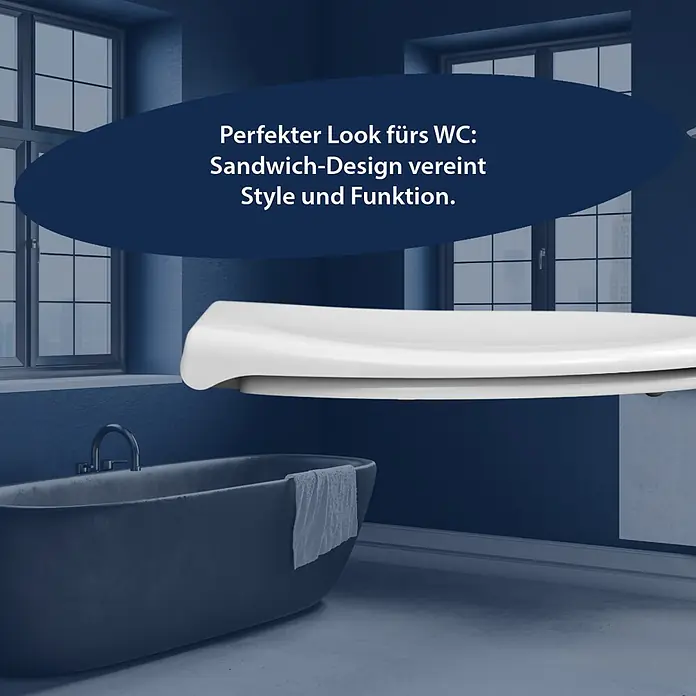 Poseidon WC-Sitz Mahe - Duroplast, Weiß, Mit Absenkautomatik - Weißer WC-Sitz im Sandwich-Design, platziert in einem modernen Badezimmer.