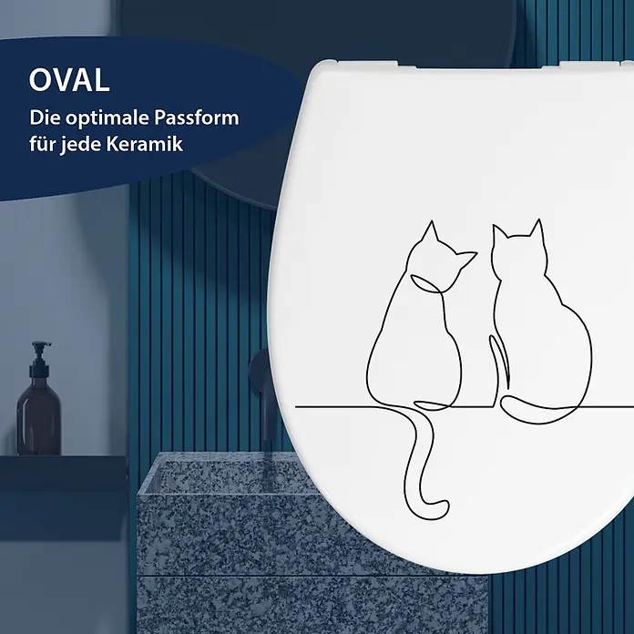 Poseidon WC-Sitz Cats - Duroplast, Weiß/Schwarz, Mit Absenkautomatik - Weißer ovaler Toilettensitz mit schwarzer Linienzeichnung zweier Katzen, im modernen Badezimmer.