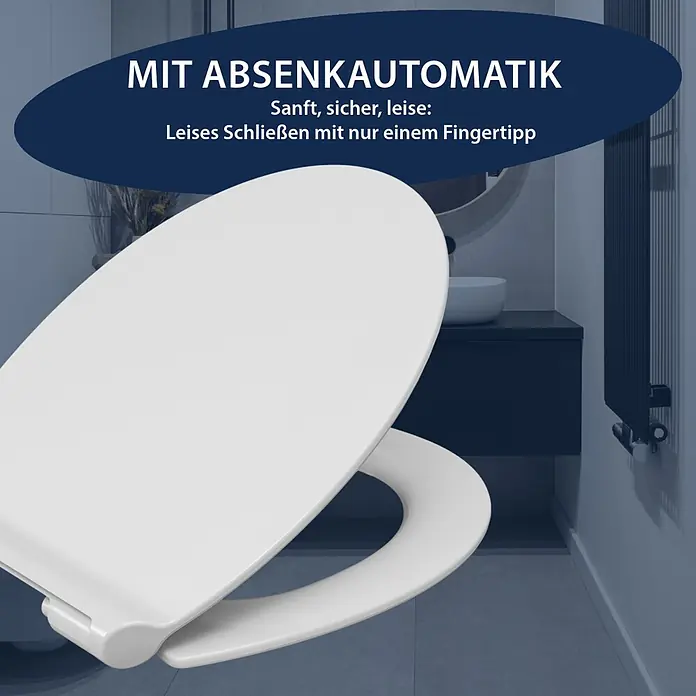 Poseidon WC-Sitz Flat - Duroplast, Weiß, Mit Absenkautomatik - Weißer Toilettensitz mit Absenkautomatik, teilweise abgesenkt in einem modernen Badezimmer.