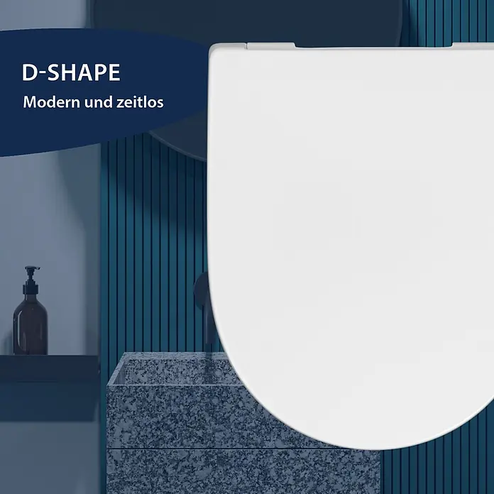 Poseidon WC-Sitz Korsika - Duroplast, Weiß, Mit Absenkautomatik - Weißer D-förmiger WC-Sitz in modernem Badezimmer.
