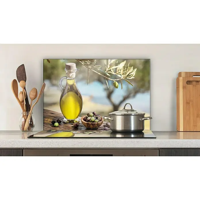 CUCINE Küchenrückwand - Toskana, 60 x 40 cm, Stärke: 6 mm, Einscheibensicherheitsglas (ESG) - Küchenrückwand mit Olivenmotiv, bestehend aus Olivenöl, Schüssel mit Oliven und Topf, ideal für die Küchengestaltung.\n