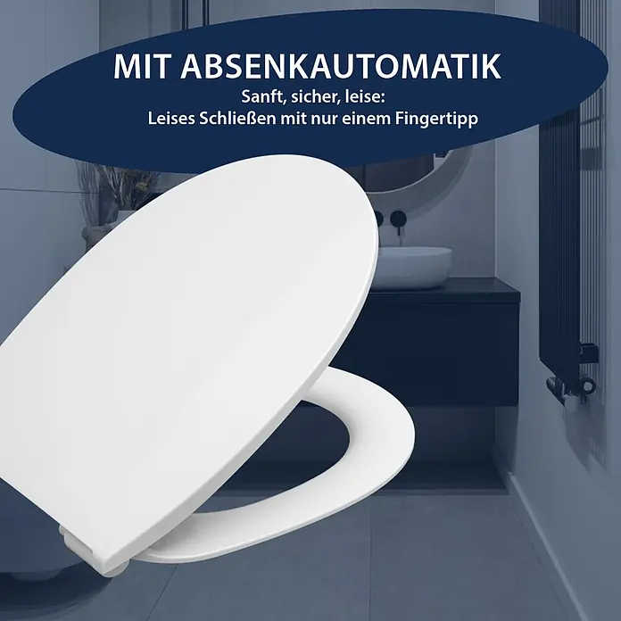 Poseidon WC-Sitz Lissabon - Duroplast, Weiß, Mit Absenkautomatik - Weißer WC-Sitz mit Absenkautomatik, leicht geöffnet in einem modernen Badezimmer.